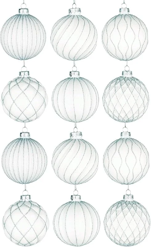 Marke: SHATCHI 12 Stück, 80 mm Glaskugeln, Weihnachtsbaumkugeln, hängende Ornamente, Verschiedene Designs, Weihnachtsbaumschmuck, weiß gestreift — Weihnachtsdeko