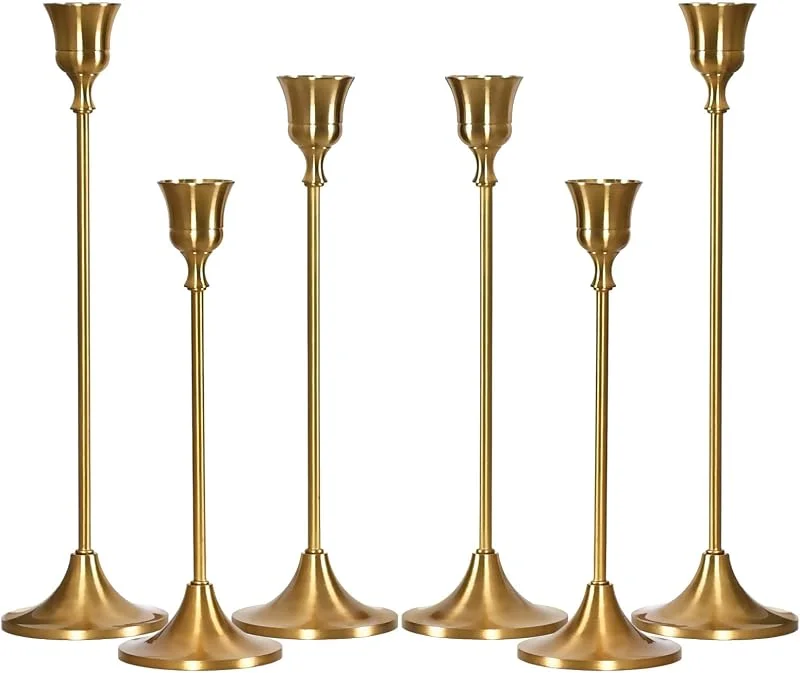 Marke: MENONEE Messing Gold Kerzenhalter Set von 6, Taper Kerzenhalter für Kerzensticks, Antique Vintage Kerzenhalter für Tischzentren Mantel Hochzeit Home Weihnachts Dekorationen — Kerzenlicht Abendessen