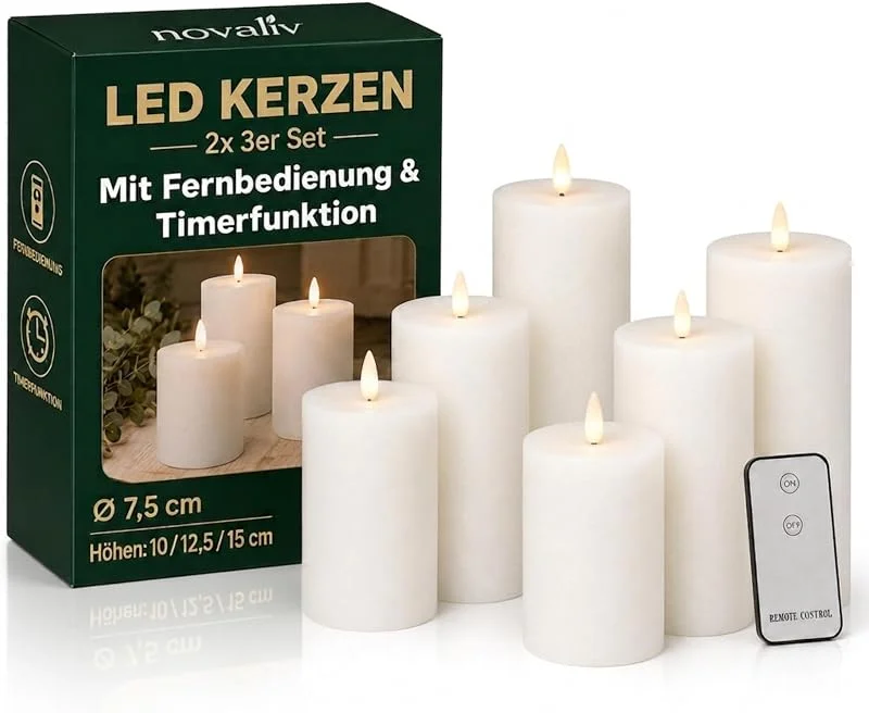 Besuche den Novaliv-Store 6er Set Led Kerzen 7, 5cm ø Kerze flackernde Flamme mit Fernbedingung WEISS 15 cm + 12, 5 cm + 10 cm Höhe, LED Kerzen mit Timerfunktion, 3 AAA Batterien nötig, LED Echtwachs Stumpenkerzen warmweiß — Advent und Tisch