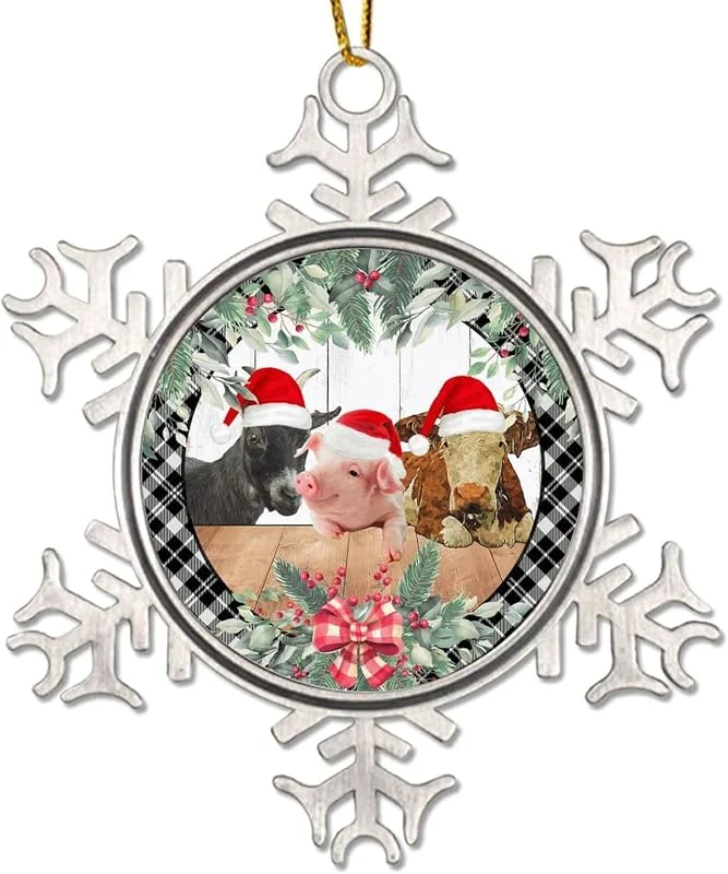 Marke: CowkissSign Weihnachtsbaum-Tier, Kuh, Schwein, Weihnachtsschmuck, 7, 6 cm, Metall, Schneeflocke, Weihnachtsschmuck, Grau, Schwarz, kariert, Weihnachtskranz, Weihnachtsbaumschmuck, Andenken — Weihnachtsdeko