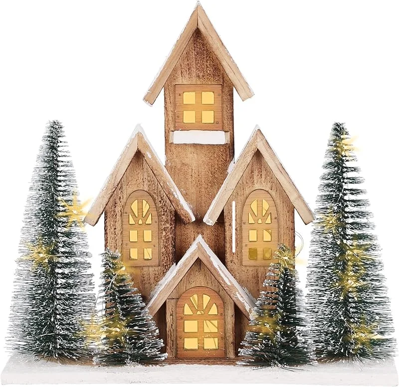 Besuche den Spetebo-Store Spetebo LED Holz Häuserzeile Weihnachtsdorf mit Timer - 32 x 30 cm - Weihnachts Tischdeko warm weiß beleuchtet Batterie betrieben - Advent Deko Holzhaus Aufsteller Weihnachts Stadt — Weihnachtsdeko