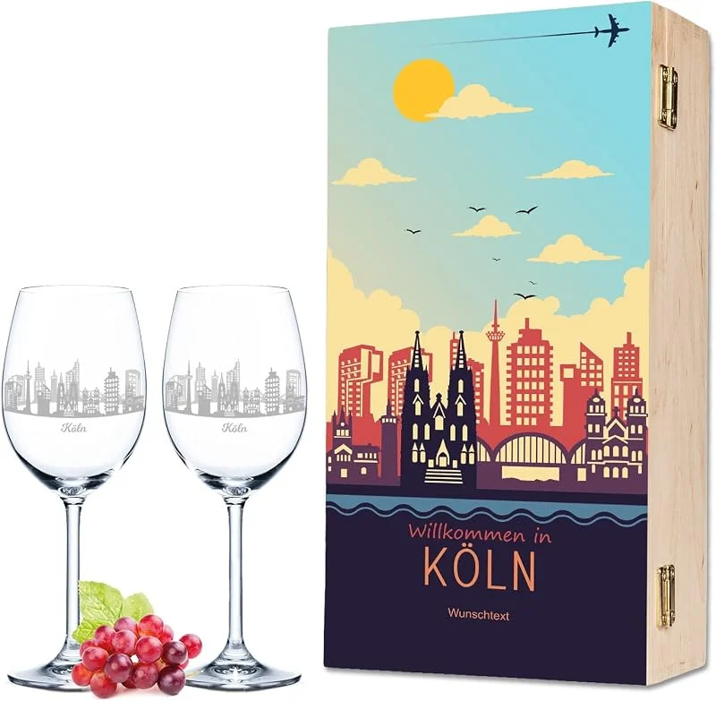 Besuche den GRAVURZEILE-Store GRAVURZEILE Weingläser mit Gravur - Skyline Köln als Set - Personalisiert mit Wunschtext inkl. bedruckter Holzkiste - Souvenir Andenken & Mitbringsel - Geschenk für Sie & Ihn — Wein und Festtafel