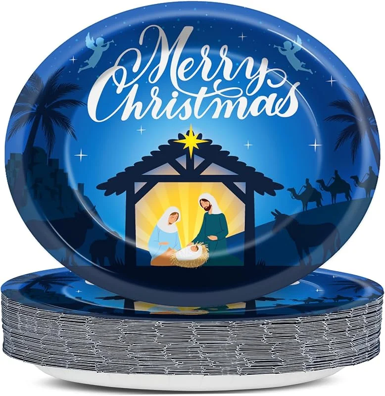 Marke: QOUBAI QOUBAI Weihnachtsteller, oval, 27, 9 cm, großes Frohe Weihnachten, Geschirr-Set, Krippe, Jesus, Einweggeschirr für Weihnachten, Party, Zuhause, Winter, Urlaub, religiöse Dekoration, Zubehör, 50 Stück — Advent und Tisch