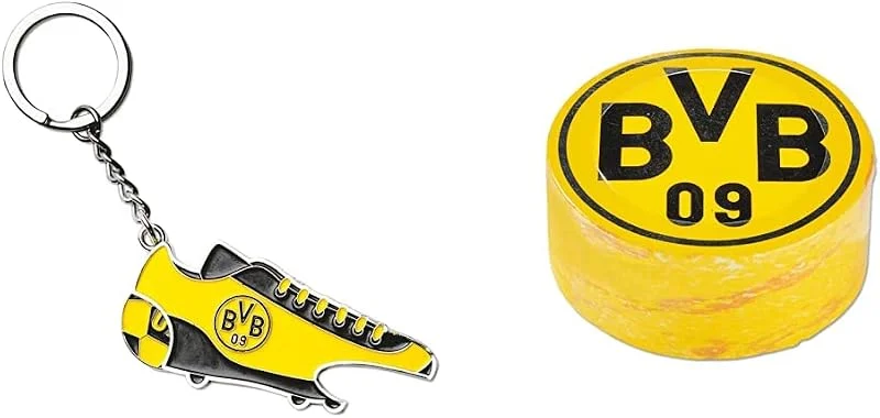 Besuche den Borussia Dortmund-Store Borussia Dortmund BVB-Schlüsselanhänger mit Einkaufschip & Öffner & BVB-Zauberhandtuch (60 x 30 cm), Schwarz, gelb — Küche & Haushalt