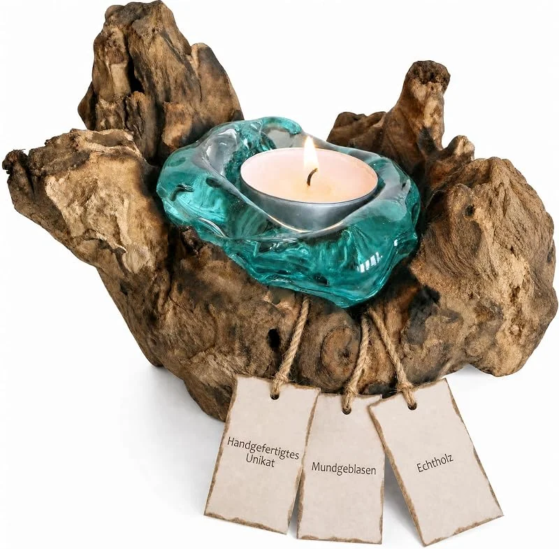 Marke: Wogeka Handgefertigter Teelichthalter aus Glas auf Wurzelholz als Geschenk-Idee zur stilvollen Tisch-Deko Holz Teelicht 1 — Advent und Tisch