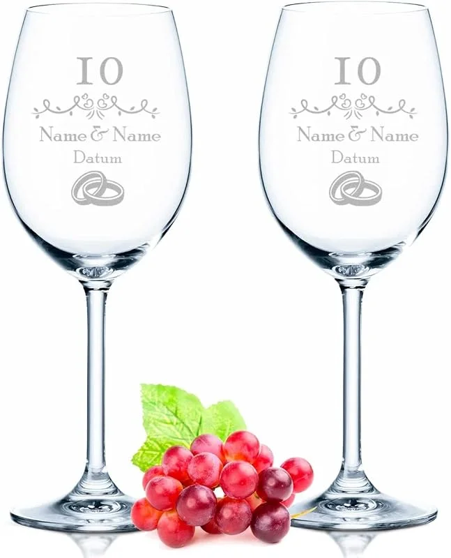 Besuche den GRAVURZEILE-Store GRAVURZEILE Weingläser mit Gravur - Rosenhochzeit 10 Jahre - Personalisiert mit Namen & Datum - Geschenk für Sie & Ihn zur Hochzeit Verlobung Jahrestag — Wein und Festtafel