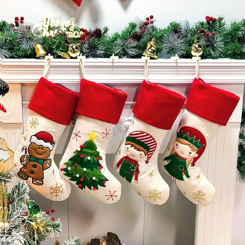 Marke: Hopearl Hopearl 19-Zoll-Weihnachtsstrumpf-Set, 4-teilig, Weihnachtsstrumpf, Junge, Mädchen, Lebkuchenmann, rustikale Flachs-Socken, Halter, Ornament, Geschenktüten für Familie, Weihnachtsbaum, Partyzubehör — Weihnachtsdeko