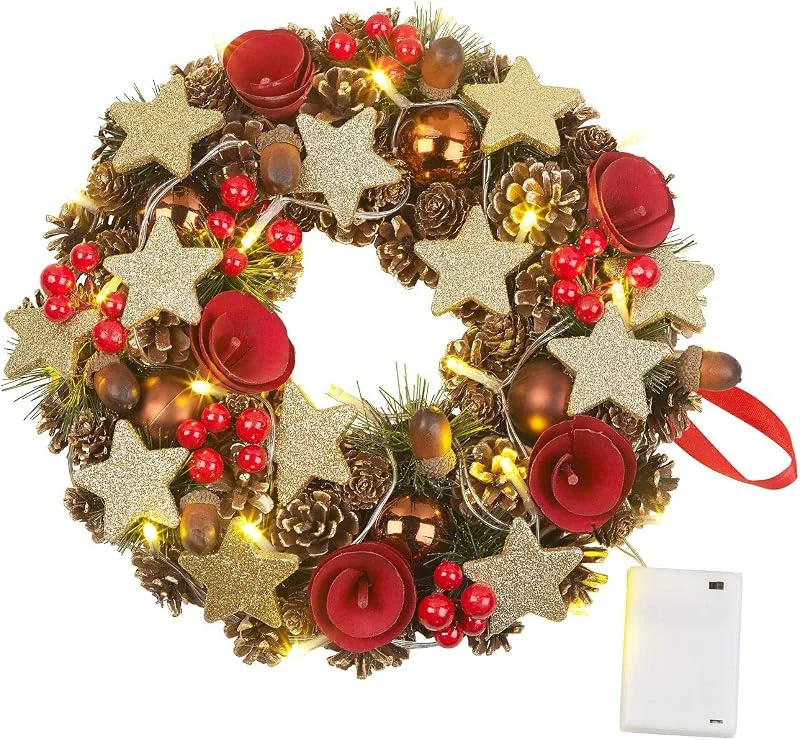 Besuche den Britesta-Store Weihnachtstürkranz: Weihnachtskranz, 20 warmweiße LEDs, Timer, batteriebetrieben, 28 cm (Beleuchteter Türkranz mit Timer, Türkranz Weihnachten beleuchtet, Tür) — Weihnachtsdeko