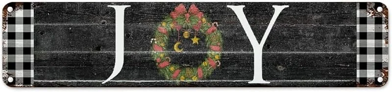 Marke: CowkissSign Vintage Weihnachtskranz Freude Metallschild Wandkunst Schwarz und Weiß Büffelkaro Plaid Retro Aluminium Metallschilder Western Weihnachten Metall Wandschild Straßenschild für Wohnzimmer 45, 7 x 10, 2 cm — Weihnachtsdeko