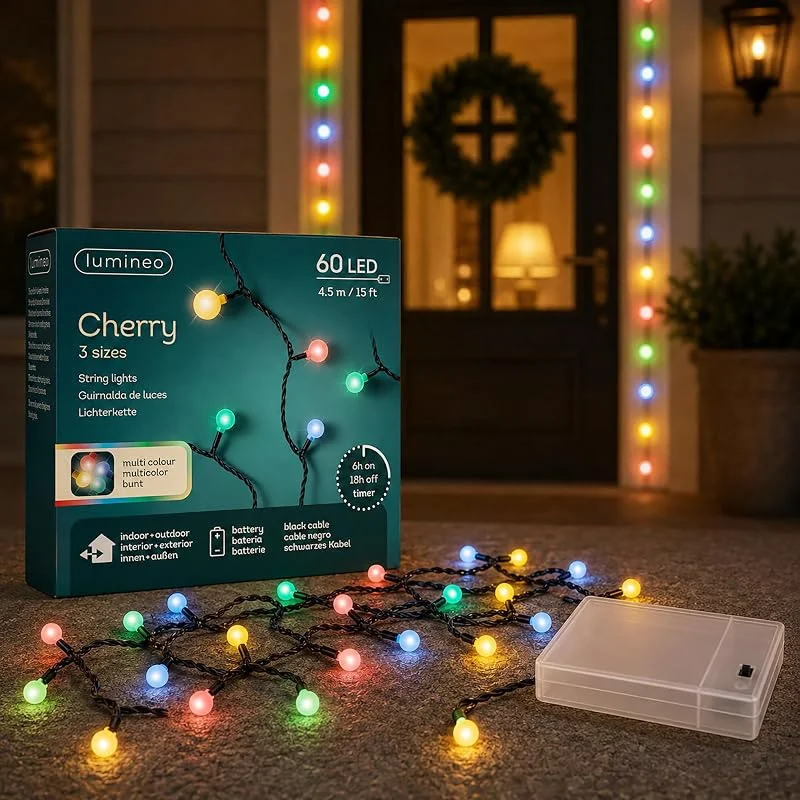 Marke: Lumineo LED Lichterkette Cherry 4, 5m Batterie 60 LEDs Bunt, Schwarz — Weihnachtsbeleuchtung