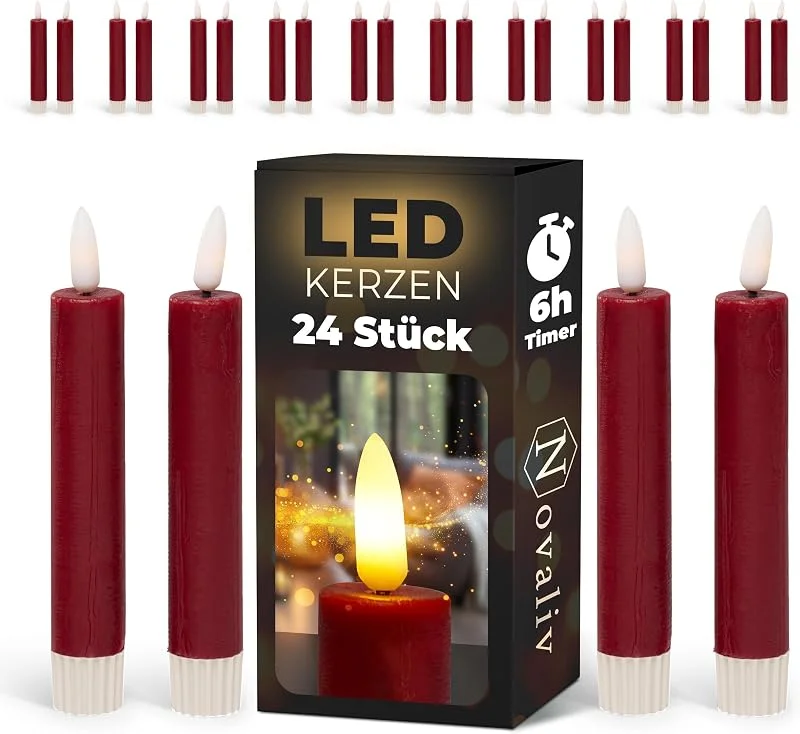 Besuche den Novaliv-Store Novaliv LED Stabkerzen 24 Stück ECHTWACHS ROT mit Timer Funktion 6 Stunden 15cm Höhe für Kerzen 2, 2cm Durchmesser 2 AAA Batterien notwendig LED Stabkerzen 4er Set 6X bewegliche Flamme — Advent und Tisch