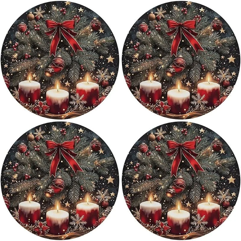 Marke: Lamdbao Weihnachtliche Platzsets Roten Kerzen Und Schleifen, 4er-Set, Runde, Abwaschbare Sets, Geschenkidee Für Zuhause, Küche, Esstisch Und Restaurants — Küche & Haushalt