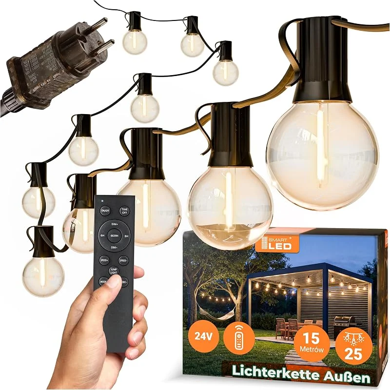 Besuche den SMART LED-Store Lichterkette Außen Outdoor LED Strom, 15M Außenbeleuchtung mit Stecker, 25Glühbirnen, Timer 9Modi, IP65 Wasserdicht Wetterfest Lichterkette Glühbirnen für Garten Terrasse Party Weihnachten, Warmweiß — Weihnachtsbeleuchtung