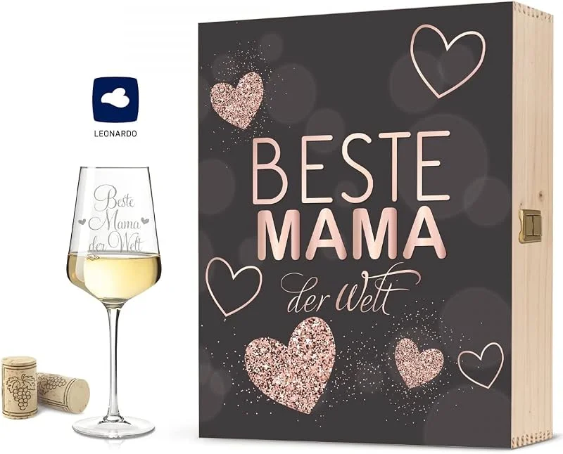 Besuche den GRAVURZEILE-Store GRAVURZEILE Weißweinglas mit Gravur inkl. bedruckter Holzkiste - Beste Mama der Welt - Geschenk für Mütter zum Muttertag - Weißweinglas Rotweinglas als Geburtstagsgeschenk für Mama im Geschenkset — Wein und Festtafel