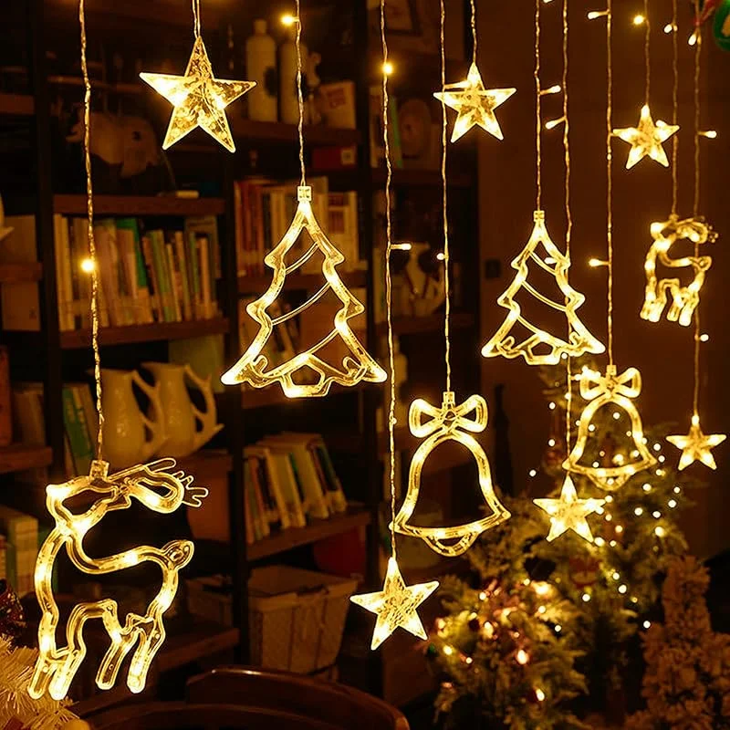 Besuche den YUENFONG-Store YUENFONG 138 LED Lichtervorhang Weihnachtsbeleuchtung Weihnachtsdeko Lichterkette mit Weihnachtsmuster & Sterne, 8 Modi mit Stecker, für Innen Außen, Hochzeit, Garten(Warmweiß)