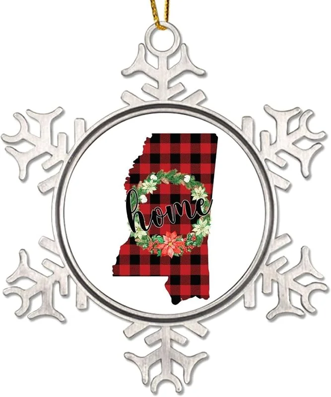 Marke: CowkissSign Patriotische American State Weihnachtsbaum hängende Ornamente Weihnachtskranz Mississippi Weihnachtsdekorationen Home State Rot und Schwarz Plaid Metall Schneeflocke Weihnachtsdekoration