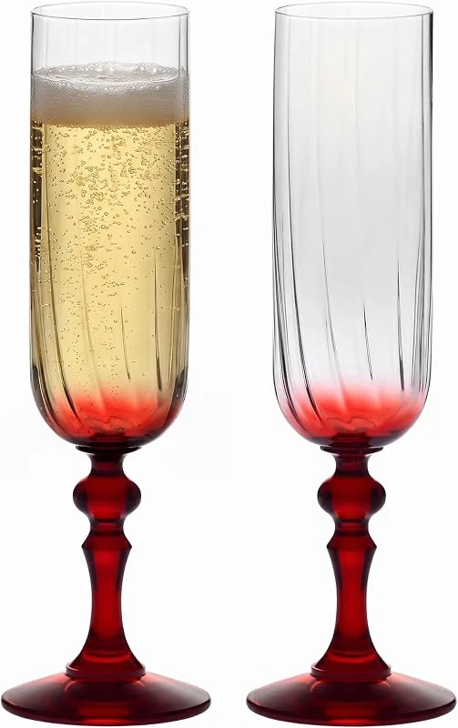 Besuche den Krosno-Store KROSNO Champagner Gläser 2er Set, 220 ml, Roter Stiel, Bubble — Wein und Festtafel