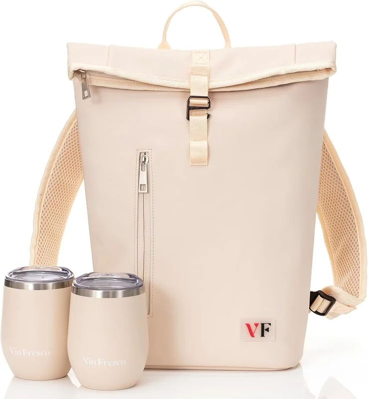 Marke: VIN FRESCO Rolltop Weintasche für zwei Flaschen, stilvoller Weinrucksack aus PU-Leder mit passenden Bechern, kompakter und leichter Weinträger mit gepolsterten Trägern und Fächern für Reisen und Picknicks, Beige — Wein und Festtafel