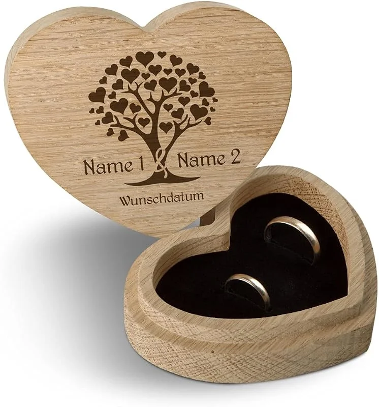 Besuche den Kartenmachen.de-Store Kartenmachen.de Hochzeit Ringbox Herz Ringkissen Ringschachtel individuell 10 x 8, 5 cm Eichenholz - Herzbaum — Geschenkverpackung
