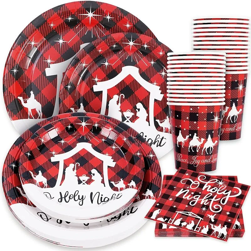 Marke: Whaline Whaline 100-teiliges Weihnachtsgeschirr-Set Jesus Holy Night Einweg-Pappteller, Servietten, Becher, Weihnachten, religiöses, rot-schwarzes Büffelkariert, Geschirr-Set, Taufe, Partyzubehör — Advent und Tisch