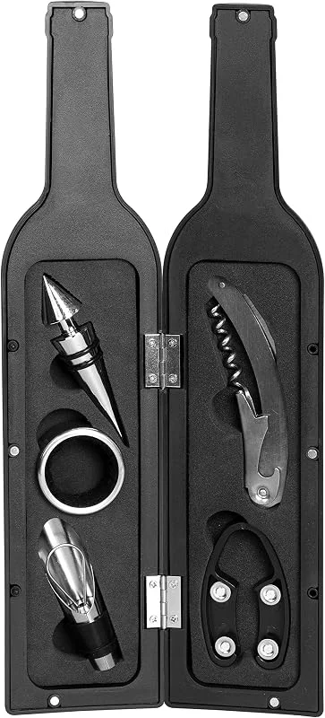 Marke: Grinscard Weinöffner Set 5 TLG. - Weinflaschen Design, Schwarz - Wein Zubehör mit Folienschneider, Korkenzieher, Ausgießer, Tropfring, Edelstahlkorken — Wein und Festtafel