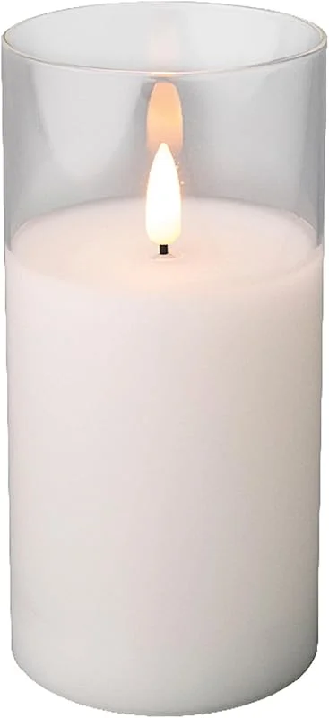 Marke: Kaemingk LED Kerze im Glas mit Timerfunktion 7, 5x15cm Wachs - flackernde Flamme Effekt - Echtwachskerze batteriebetrieben - Windlicht Wachskerze Weiß Warmweiß — Kerzenlicht Abendessen
