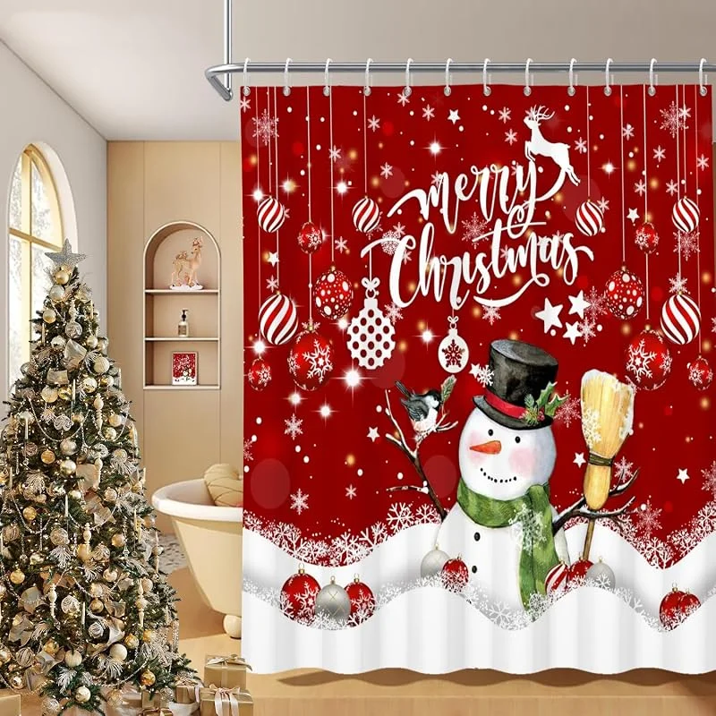 Marke: Caaerttply Weihnachts-Schneemann-Duschvorhang-Set für Badezimmer, 72 B x 72 L, rot, Frohe Weihnachten, niedlicher Weihnachtsball, Schneeflocke, Winter, Schnee, Duschvorhang mit Haken für Badezimmer — Weihnachtsdeko