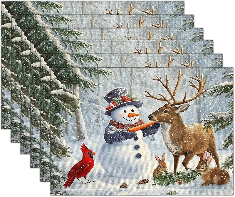 Marke: GDJSMIN 4er Set Platzset Weihnachten Tischset Weiß Weihnachten Leinen Platzdeckchen 30x45cm Winterwaldszene Tischsets mit Schneemann-Rentier-Kardinalvogel-Muster Weihnachtsdeko — Küche & Haushalt