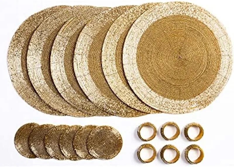 Besuche den Penguin Home-Store Penguin Home Set mit 18 Glasperlen Platzdeckchen, Untersetzern und Serviettenringen – goldfarben – runde Tischsets – handgefertigt von erfahrenen indischen Kunsthandwerkern – 32 cm., 3551 — Advent und Tisch