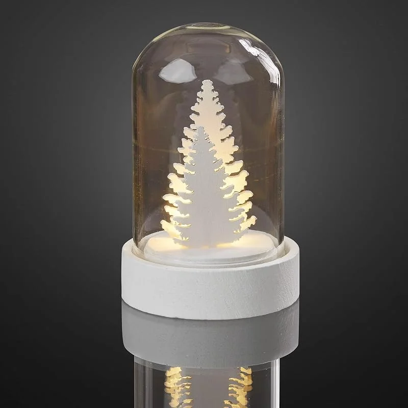 Besuche den hellum-Store Hellum LED Glasglocke Deko, Weihnachtsdeko mit Tannenbaum, Weihnachtsbeleuchtung innen mit Batterie (1xCR2032), warmweiß licht, weiß, ø5.5 x H 8, 5cm 520880