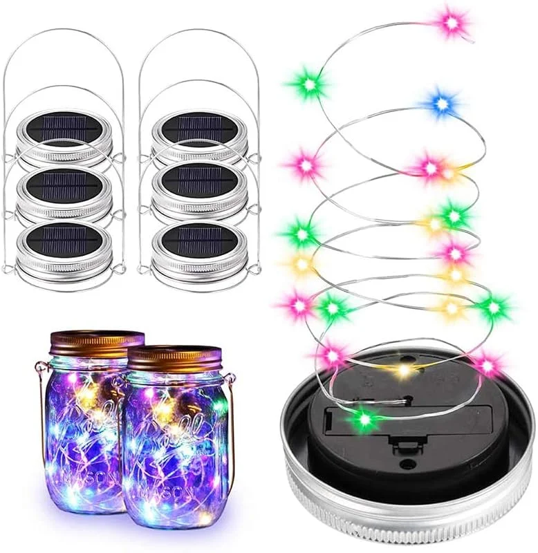 Marke: Mrisata Solar-Einmachglas-Lichterkette, 6 Stück, 20 LED-Feen, Glühwürmchen, Einmachglas-Deckel, Lichterkette mit Aufhänger (Gläser Nicht Im Lieferumfang enthalten), Ideal für (Silber) — Weihnachtsbeleuchtung