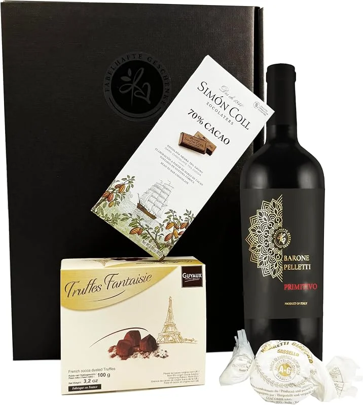 Besuche den FABELHAFTE GESCHENKE-Store Geschenkset Rotwein mit Schokoladentrüffeln & dunkler Schokolade, Wein Geschenk für Genießer, Präsentkorb für Männer & Frauen, Geburtstag, Weihnachten, Jubiläum — Wein und Festtafel