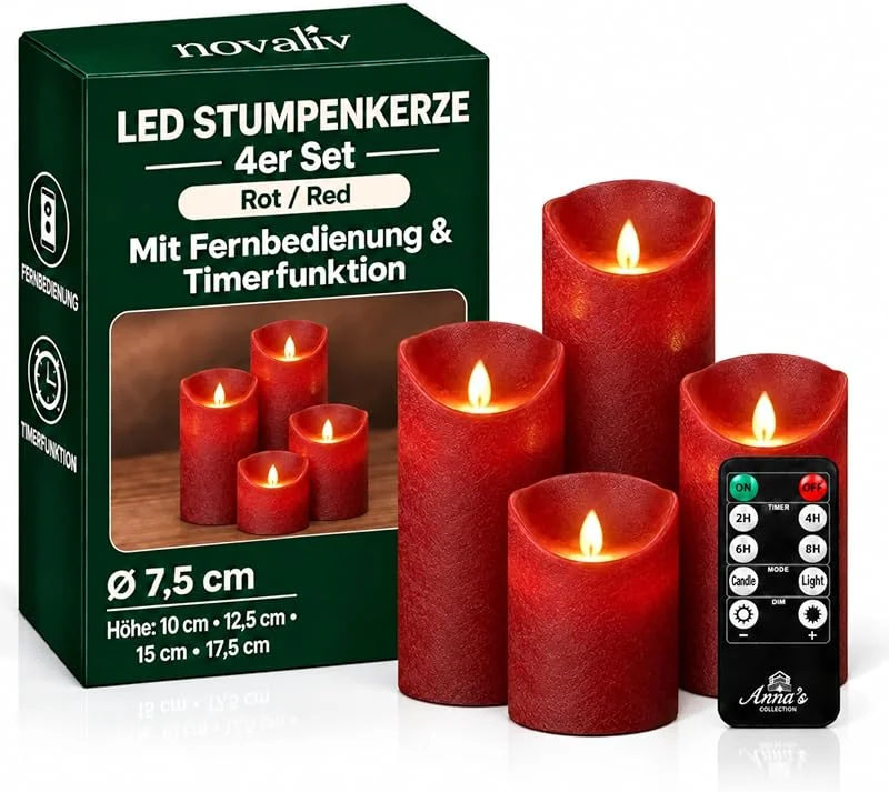 Besuche den Novaliv-Store 4er Set LED Kerzen Echtwachs flackernde Flamme Rot ø 7, 5cm (10cm, 12, 5cm, 15cm, 17, 5cm Höhe) LED Kerzen mit Fernbedienung, je Kerze 3x AAA Batterien nötig, LED Stumpenkerzen warmweiß Kerzenflackern — Advent und Tisch