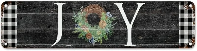 Marke: CowkissSign Vintage Weihnachtskranz Freude Metallschilder Schwarz und Weiß Büffel Karo Plaid Retro Straße Hängeschild Weihnachten Urlaub Metall Wandschild Qualität Metall Straßenschild für Veranda 61 x 15, 2 cm — Weihnachtsdeko