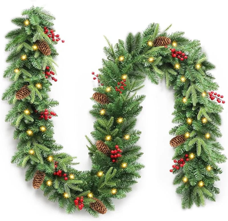 Besuche den Rintea-Store Weihnachtsgirlande mit LED-Beleuchtung, 270 cm künstliche Tannengirlande mit 50 warmweißen Lichtern, üppige Weihnachtsdeko für Innen und Außen – ideal für Treppen, Kamin, Haustür und Fenster