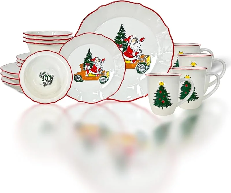 Marke: Domini DOMINI 16-teiliges Weihnachts-Küchen-Geschirr-Set aus Keramik, Service für 4 Personen, Porzellangeschirr, Tafelservice mit Speisetellern, Desserttellern, Tassen und Nudelschalen, rund, weiß — Advent und Tisch