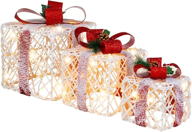 Marke: FANTASK FANTASK LED Geschenkboxen 3er Set, Weihnachten Weihnachtenbox mit 60 warmweißen LED-Lichtern, Beleuchte Weihnachtenbox mit roten Schleifen für außen & innen — Geschenkverpackung