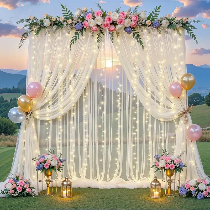 Marke: Suppromo Elfenbeinfarbene Tüll-Hintergrundvorhänge mit Lichterkette, für Pariten, Hochzeit, 3 x 3 m, durchsichtige Hintergrundvorhänge für Babyparty, Geburtstag, Party, Fotoshooting, Hintergrunddekorationen — Weihnachtsbeleuchtung
