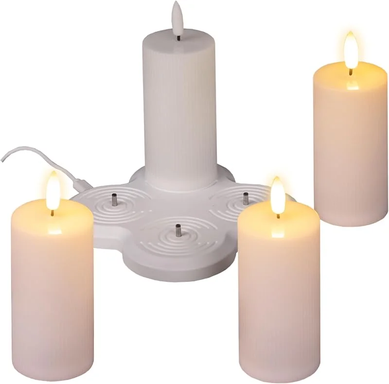 Besuche den Spetebo-Store LED Kerze warm weiß aufladbar mit Ladestation 4er Set - 10 x 5 cm - Künstliche Stumpenkerze mit Flackereffekt Akku betrieben - Deko Licht für Weihnachten Advent Hochzeit Geburtstag Kerze flammenlos — Kerzenlicht Abendessen