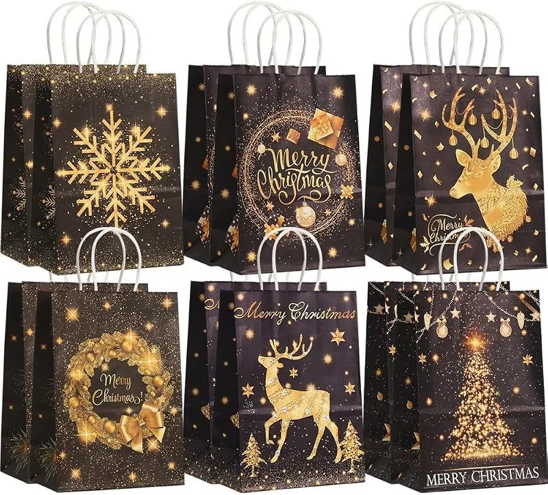Marke: Muteitt Weihnachts-geschenktüten Aus Papier, 12 Stück, Weihnachtstüten Für Geschenke Henkel, Schwarz-goldene Kleine Geschenktüten Aus Papier, Weihnachtsfeiertags-partygeschenke — Geschenkverpackung