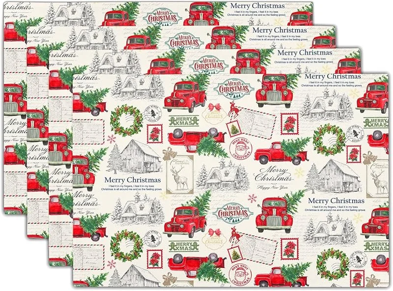 Marke: Kawani Weihnachtliche Platzsets mit rotem LKW, 4 Stück, Weihnachtsbaum-Muster, 30, 5 x 45, 7 cm, saisonaler Winterurlaub, waschbare Tischsets für Zuhause, Party, Küche, Esszimmer — Küche & Haushalt