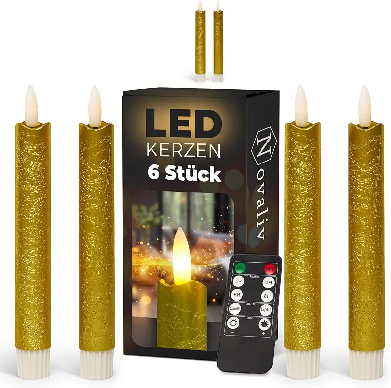 Besuche den Novaliv-Store Stabkerzen LED mit Timer GOLD 6 Stück Indoor 6 Stunden ECHTWACHS 18cm Höhe für Kerzen 2, 2cm Durchmesser 2 AAA Batterien notwendig LED Stabkerzen 4er Set GOLD (zwei Mal) bewegliche Flamme Licht — Kerzenlicht Abendessen