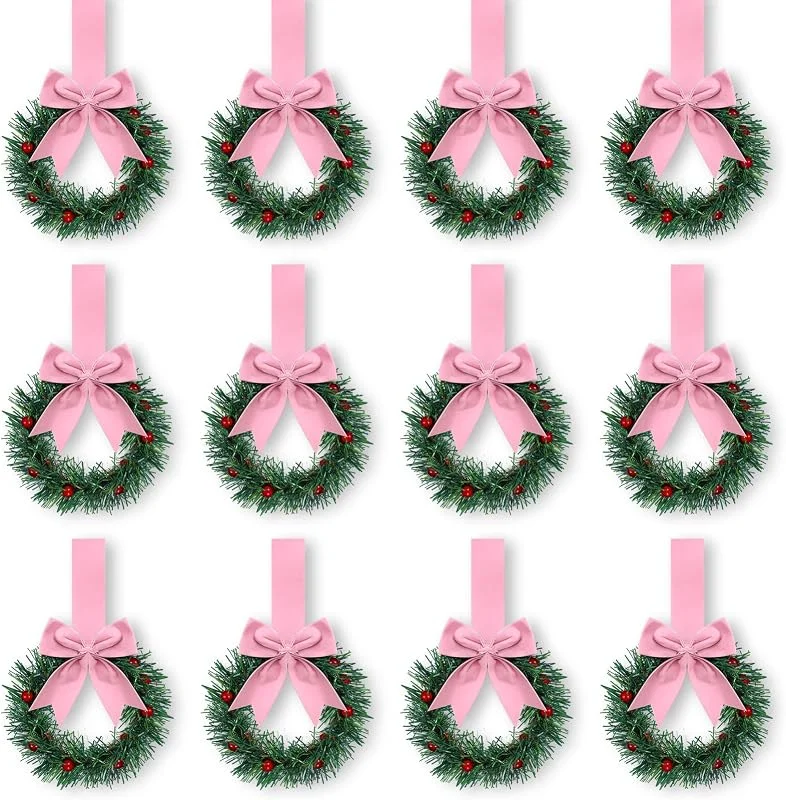 Marke: Retrowavy Retrowavy Weihnachtskränze für Küchenschrank, mit Band, 10 cm, Mini-Weihnachtskranz, kleine Küche, Weihnachtsdekoration für Fenster, Tür, Rosa, klassischer Stil, 12 Stück