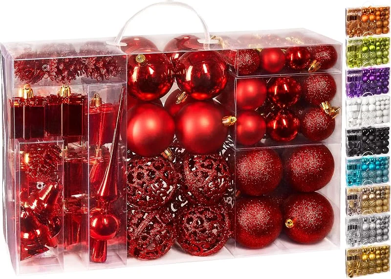 Besuche den BRUBAKER-Store BRUBAKER 101-teiliges Set Weihnachtskugeln mit Baumspitze Rot — Weihnachtsdeko