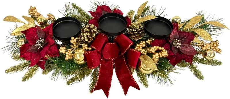 Marke: Svndlyn Svndlyn Weihnachtskerzenhalter für Weihnachten, 3 Kerzenhalter mit roten Weihnachtsstern, Blumen, dekorative Schleife, goldene Tannenzapfen, Beeren für Tischdekoration — Kerzenlicht Abendessen
