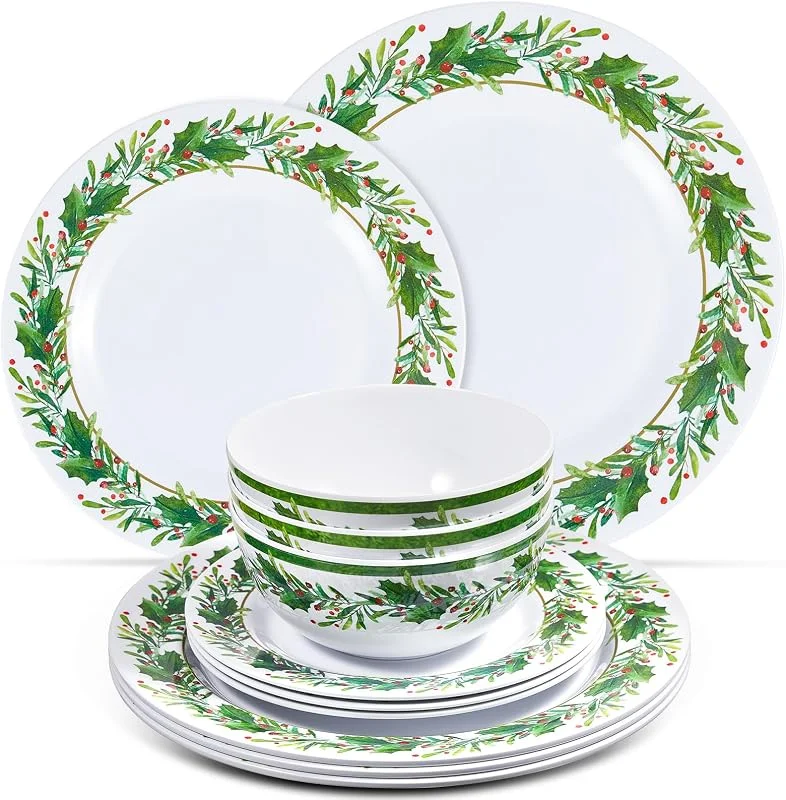 Marke: Ziliny Ziliny 12-teiliges Weihnachts-Melamin-Geschirr-Set, 4 Stück 27, 9 cm Speiseteller, 20, 3 cm Teller und 15, 2 cm Suppenteller, Stechpalmenblatt, Weihnachtsgeschirr, Geschenk für Zuhause, Party, Feste — Advent und Tisch
