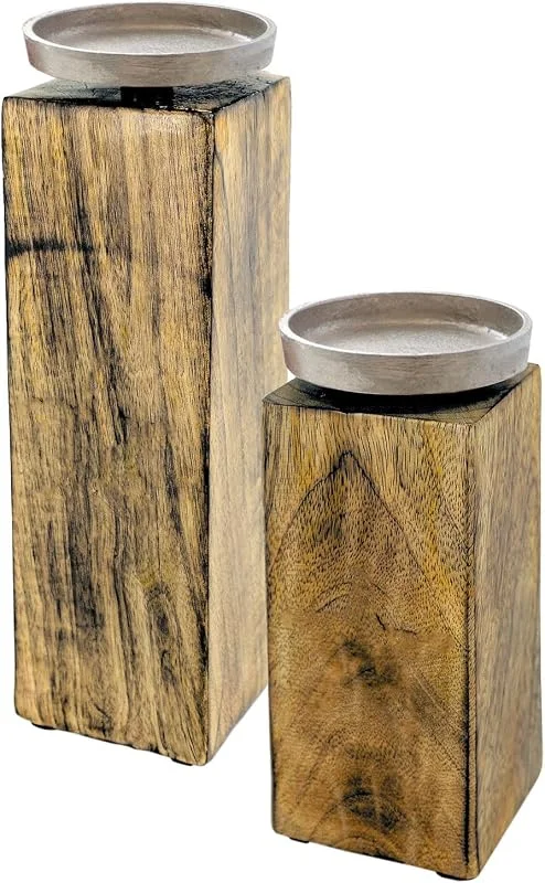 Besuche den Spetebo-Store Spetebo Mango Kerzenständer mit Alu Halter - 2er Set - Holz Kerzenhalter für Stumpen- und Kugel-Kerzen - Deko Kerzenleuchter mit Metall Kerzenteller Landhaus Tischdeko Holzdeko rustikal — Kerzenlicht Abendessen