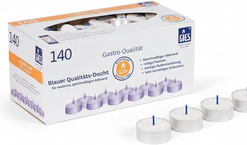 Besuche den Gies-Store Gies Master-Lights, Ø 48 mm, in Metallhülsen, 140er-Karton weiss — Kerzenlicht Abendessen