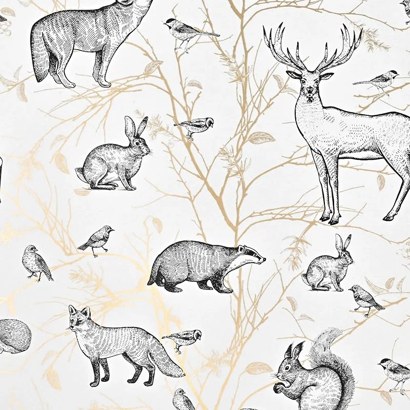 Marke: Star Weihnachtsgeschenkpapier 70cm x 2m Rolle Hirsch mit Waldtieren - Geschenkpapier mit Motiv für Weihnachten - Geschenkpapierrolle mit Weihnachtsmotiv - Weihnachtspapier neutral Weiß Schwarz — Geschenkverpackung
