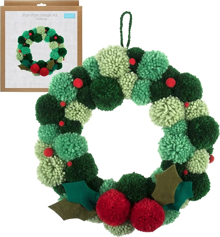 Marke: Trimits Trimits Grüner Pompom-Kranz-Set, zum Selbermachen von Weihnachtsdekorationen, Haustür-Girlande, Herbstkranz 31 cm